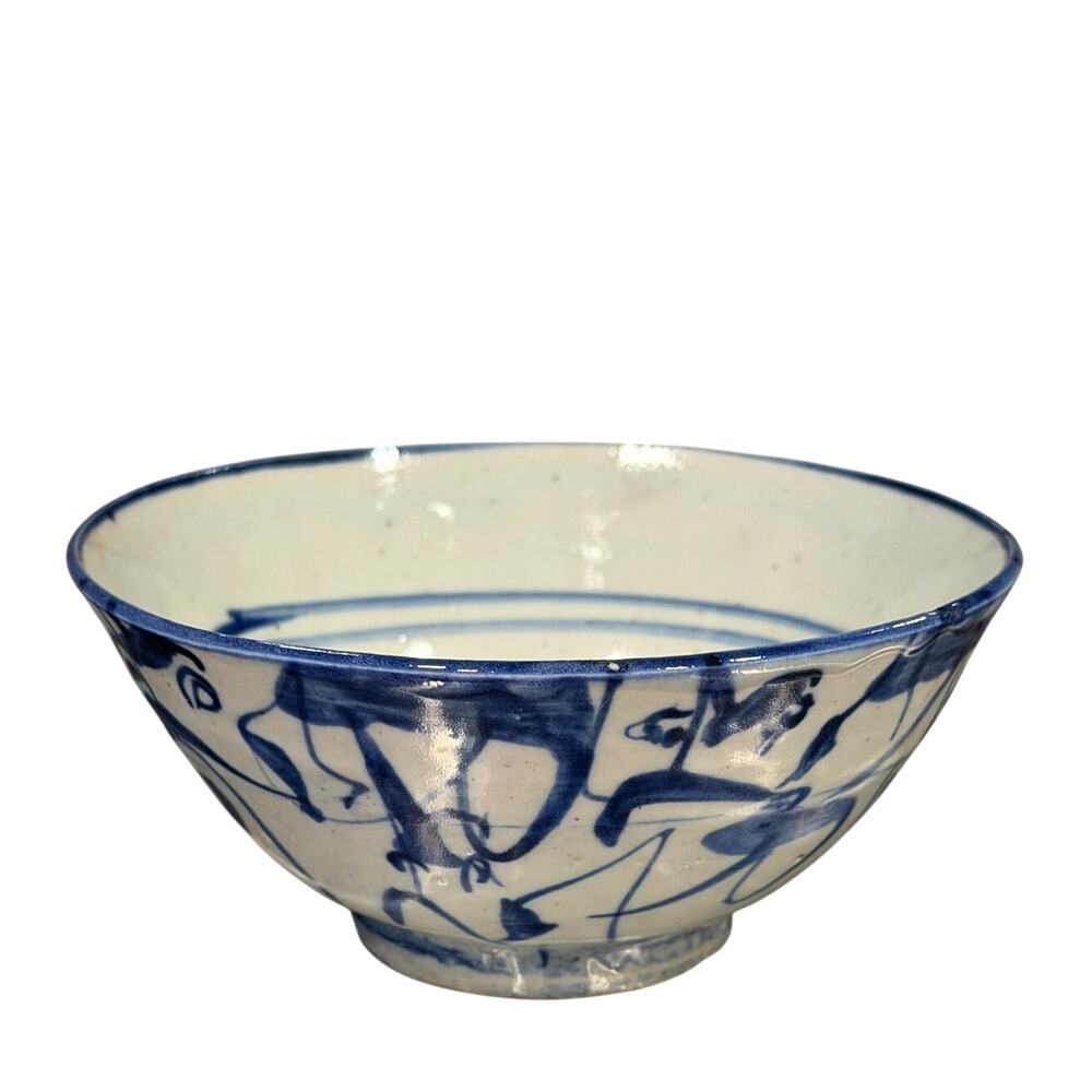Japanese Studio Pottery Blue White Chawan Rice Bowl Signed Hand Painted 5.5" - Picture 1 of 4